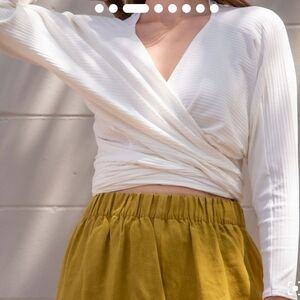 Women's Cream Wrap Ribbed Long-Sleeve Top